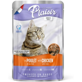 Plaisir Wet Adult Cat Food Chunks with CHICKEN & LIVER in gravy – Pouch 100g
