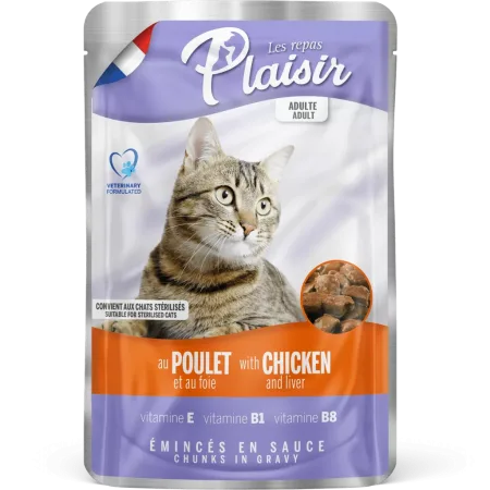 Plaisir Wet Adult Cat Food Chunks with CHICKEN & LIVER in gravy – Pouch 100g